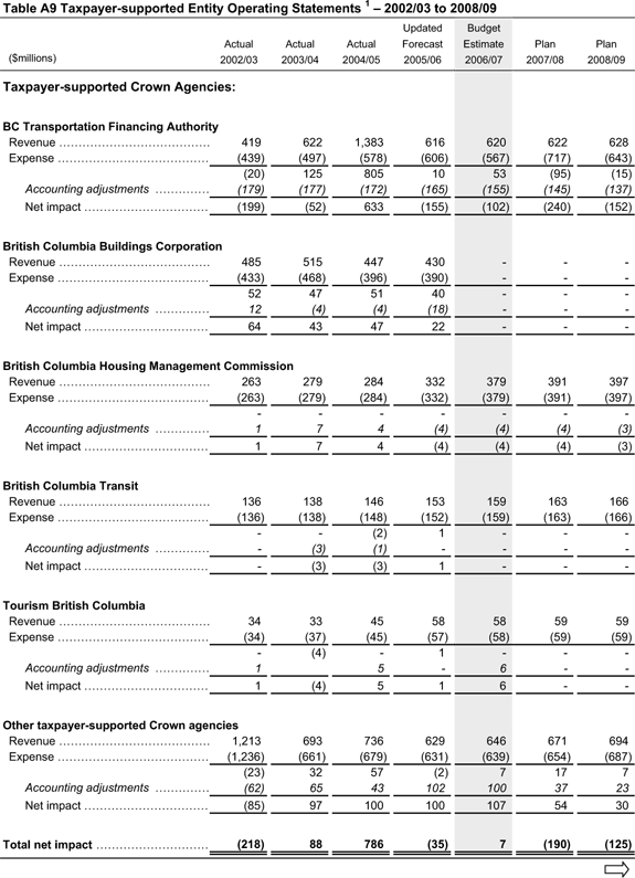 Table A9 Taxpayer-supported Entity Operating Statements - 2002/03 to 2008/09.